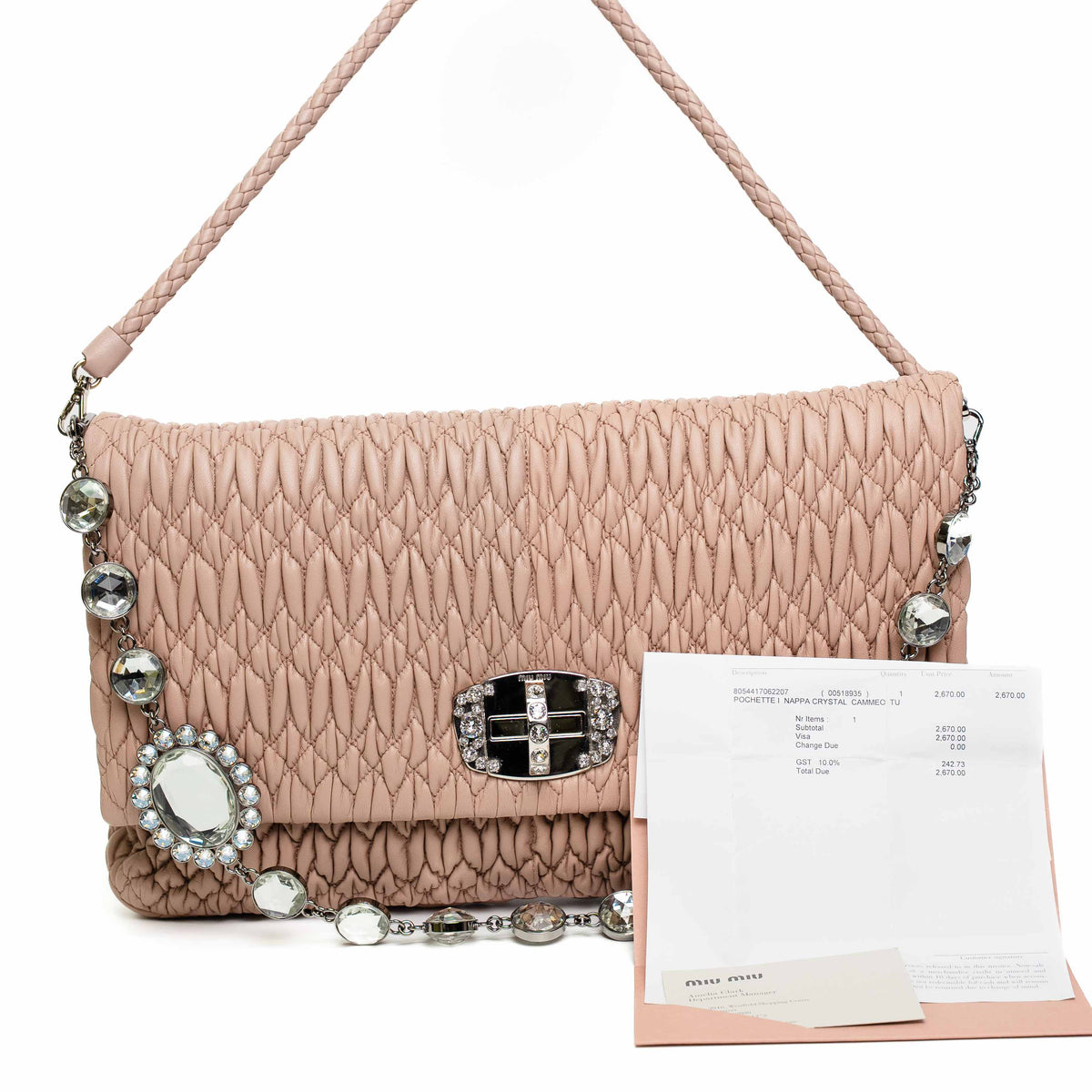 Miu Miu Cammeo Pink Matelasse Crystal Shoulder Bag