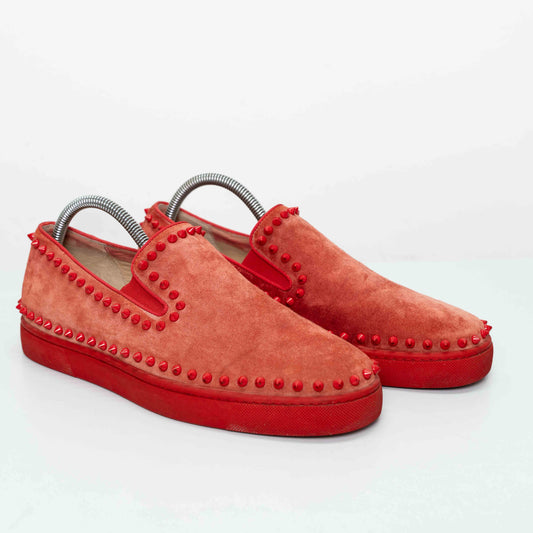 Christian Louboutin Red Pik Boat Spike Suede Slip-On Shoes