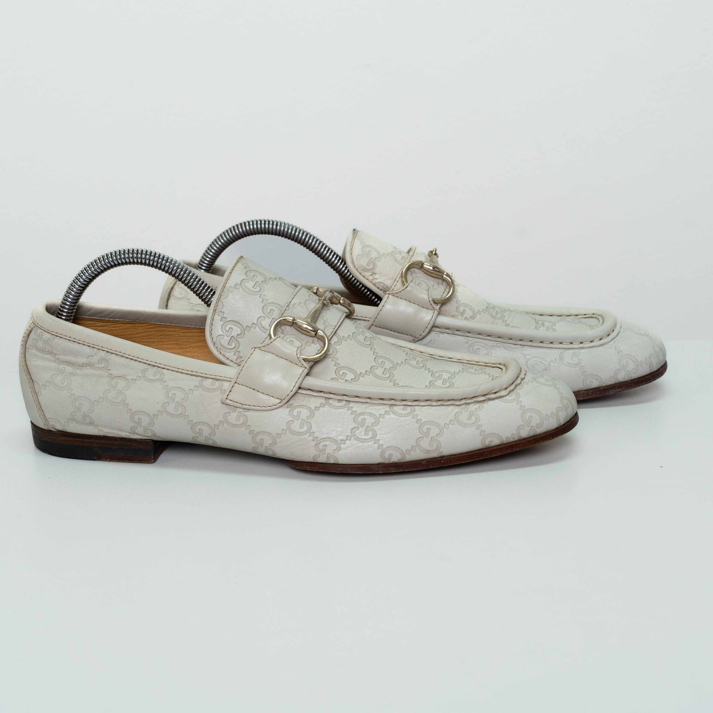Gucci GG Cream Leather Horsebit Loafers