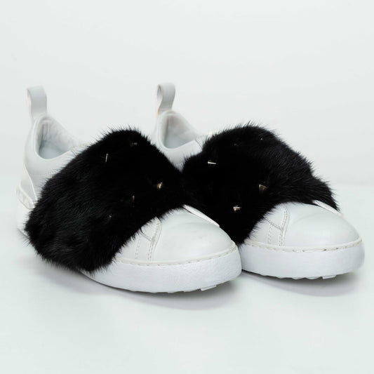 Valentino Garavani White Leather Mink Fur Strap Sneakers