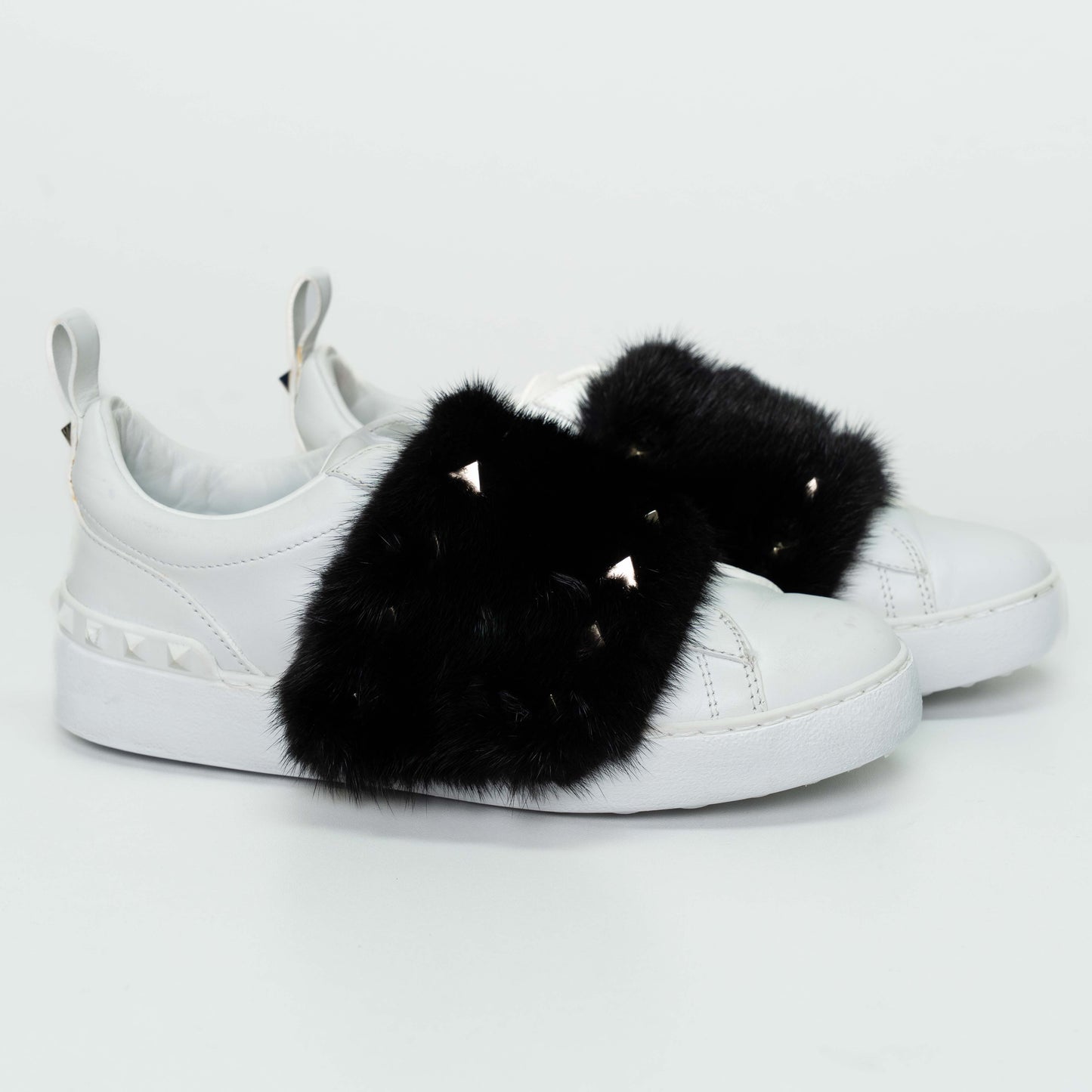 Valentino Garavani White Leather Mink Fur Strap Sneakers