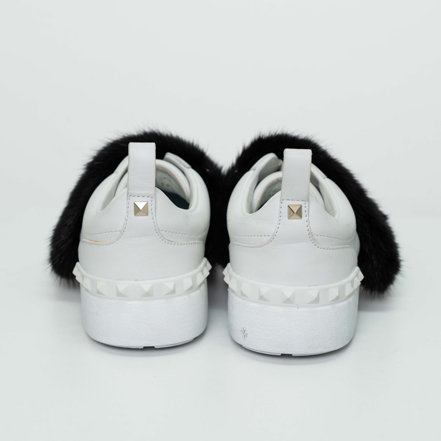 Valentino Garavani White Leather Mink Fur Strap Sneakers