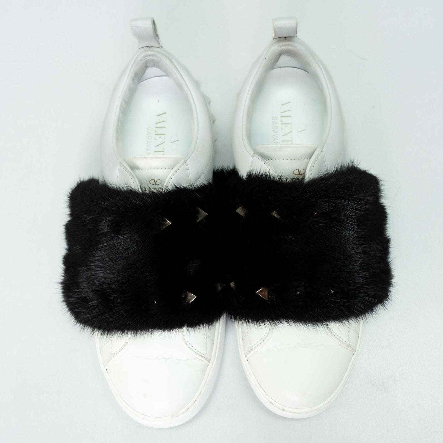 Valentino Garavani White Leather Mink Fur Strap Sneakers
