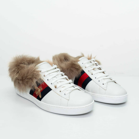 Gucci Ace Fur White Leather Bee Sneakers