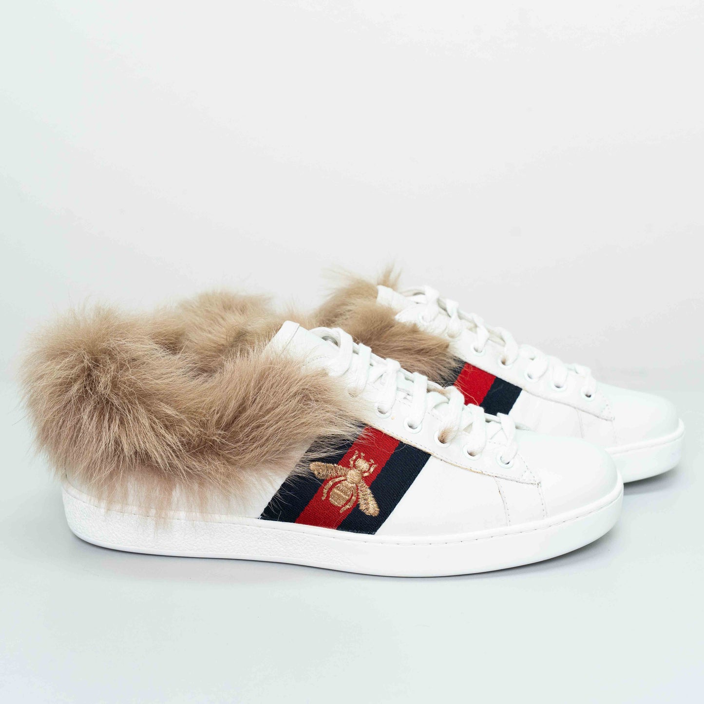 Gucci Ace Fur White Leather Bee Sneakers