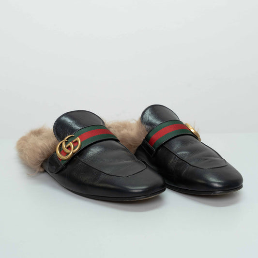 Gucci Princetown Black Leather Fur Mules