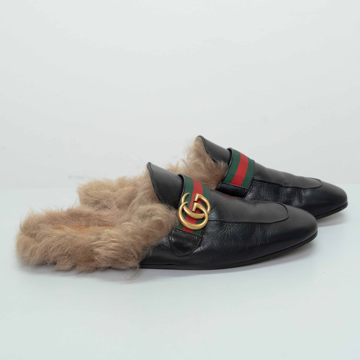 Gucci Princetown Black Leather Fur Mules