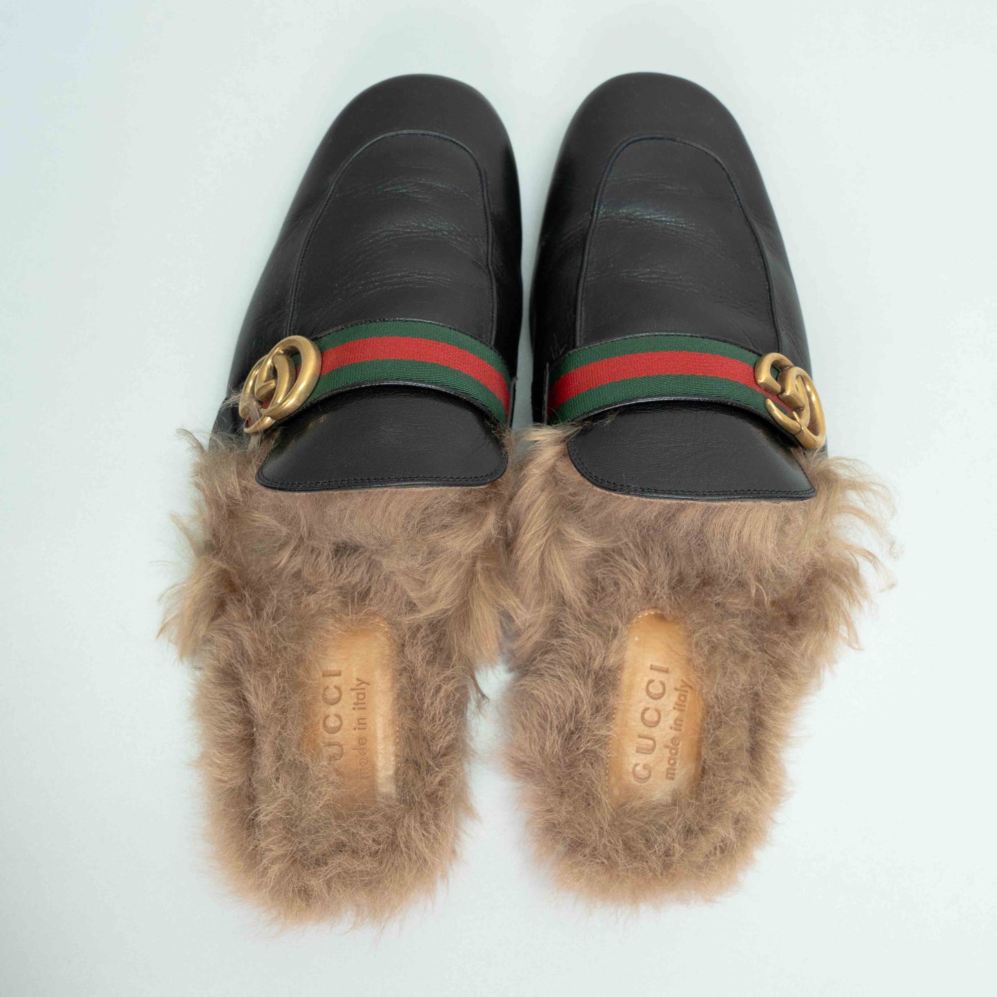 Gucci Princetown Black Leather Fur Mules
