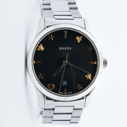 Gucci G-Timeless Black Dial Gold Motif Watch