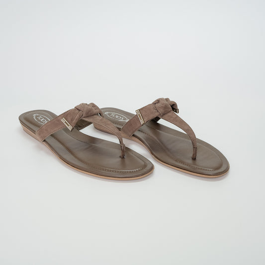Tod’s Taupe Suede Fiocco Strass Knot Sandals