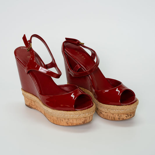 Gucci Vernice Red Microguccissima Patent Wedge Sandals