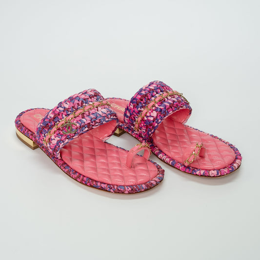 Chanel Raffia Lambskin Woven Chain CC Toe Ring Sandals
