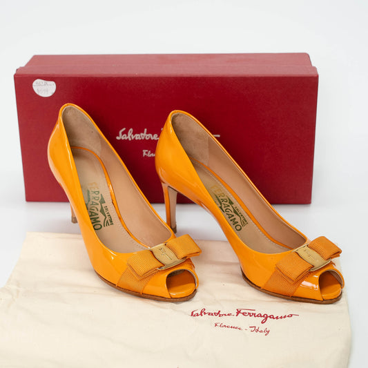 Salvatore Ferragamo Orange Patent Vara Bow Flats
