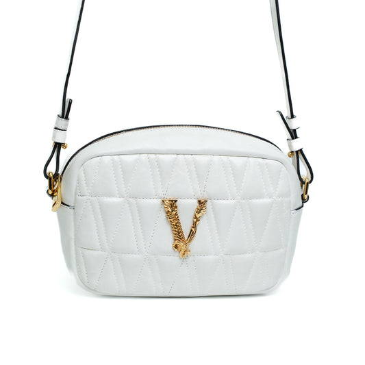 Versace White Quilted Leather Camera Crossbody Bag