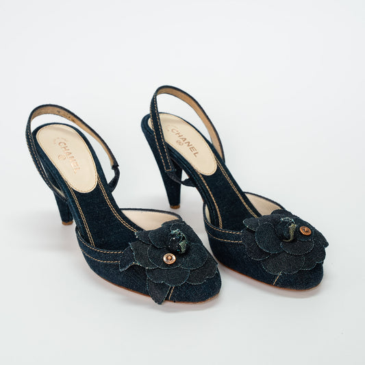Chanel Camellia Denim Slingback Heels