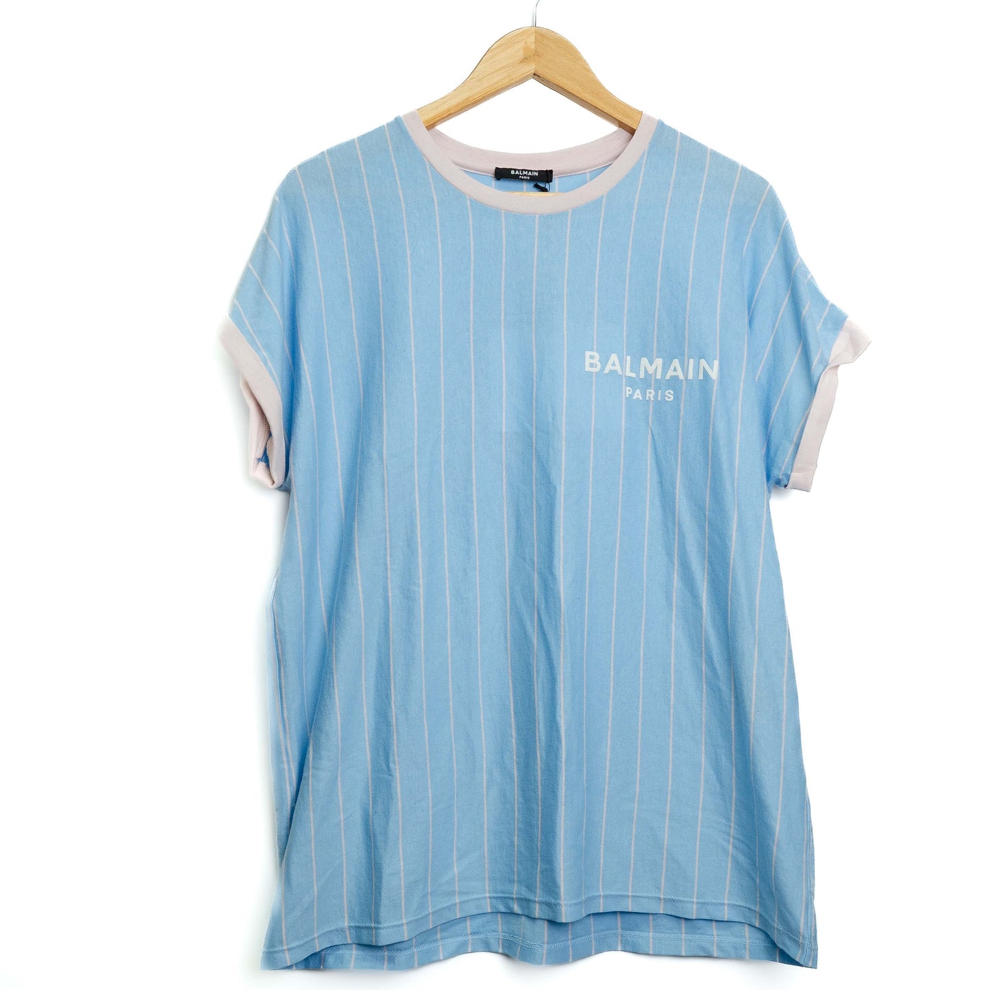 Balmain Blue Pinstripe Logo Size Large T-Shirt
