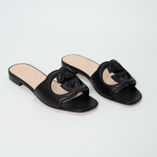 Gucci Black Leather GG Slide Sandals