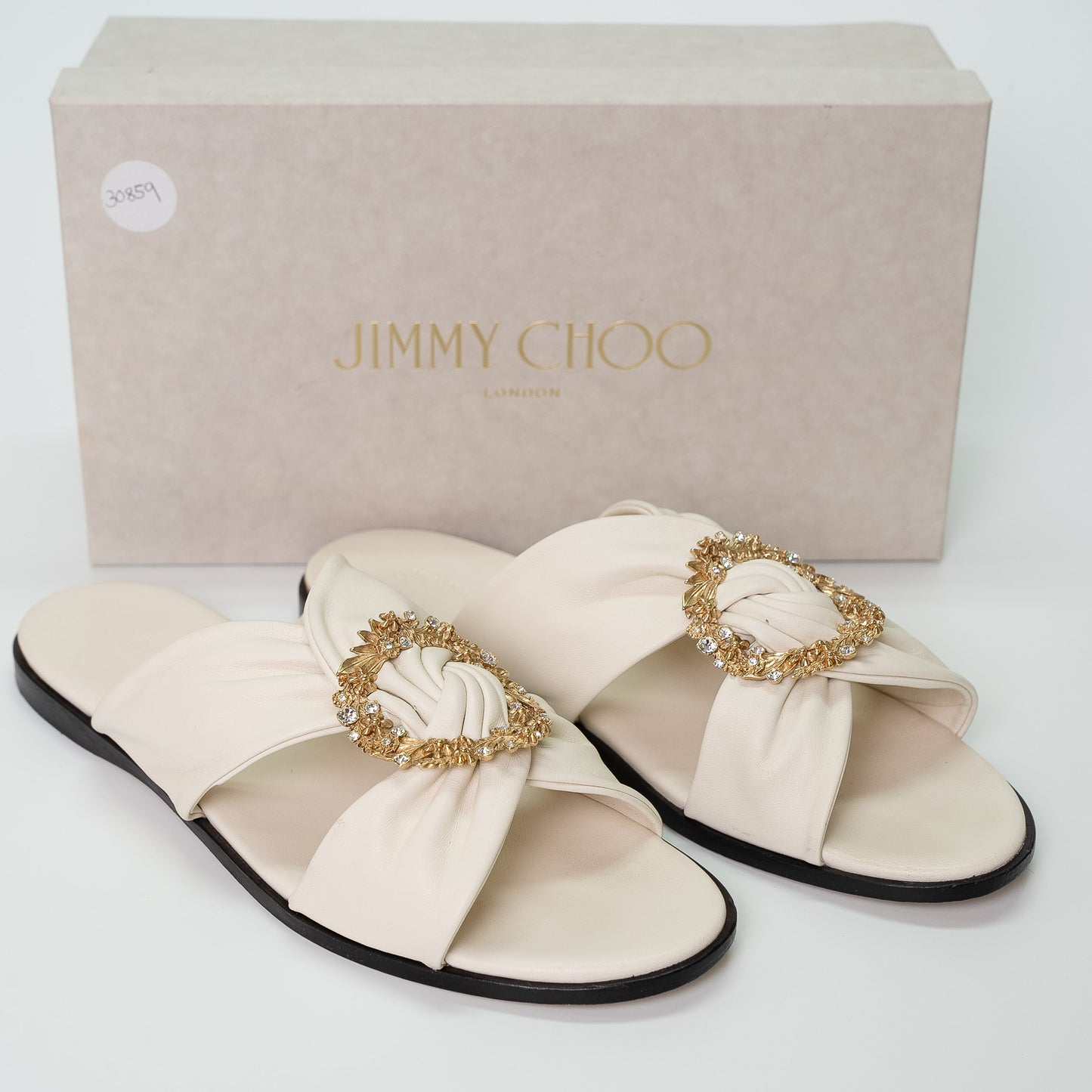 Jimmy Choo Neda Flat Latte Leather Slides with Crystal Buckle