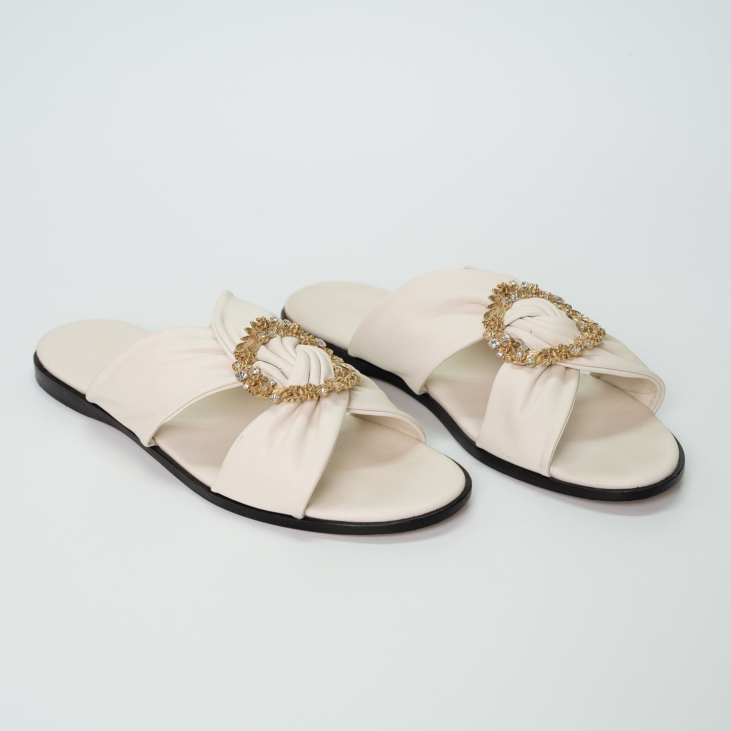 Jimmy Choo Neda Flat Latte Leather Slides with Crystal Buckle