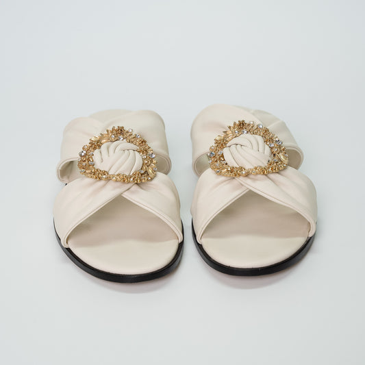 Jimmy Choo Neda Flat Latte Leather Slides with Crystal Buckle