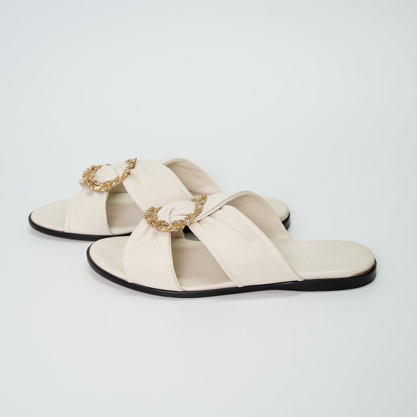 Jimmy Choo Neda Flat Latte Leather Slides with Crystal Buckle
