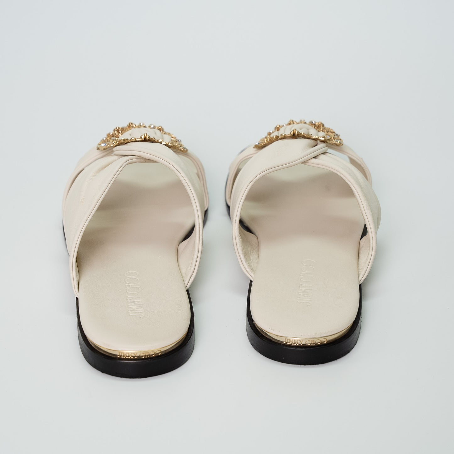 Jimmy Choo Neda Flat Latte Leather Slides with Crystal Buckle