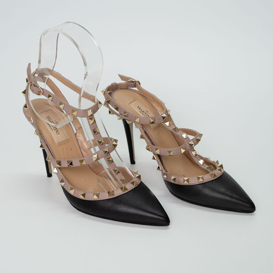 Valentino Garavani Rockstud Caged Pump Black & Poudre Leather