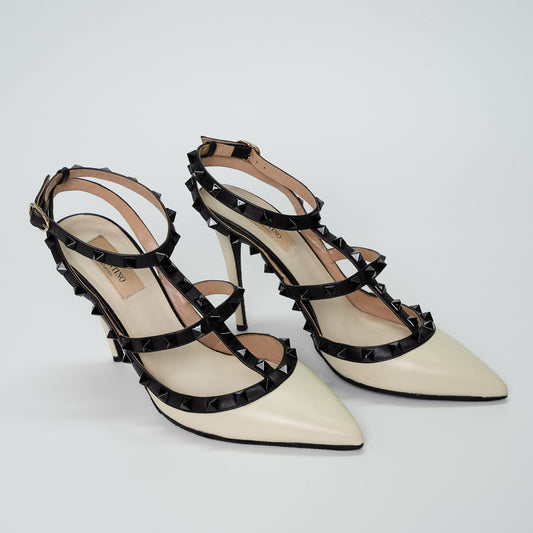 Valentino Garavani Rockstud Caged Pumps Ivory & Black Leather