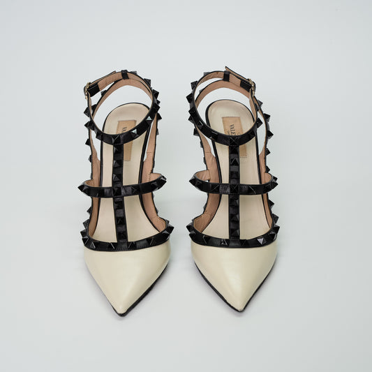 Valentino Garavani Rockstud Caged Pumps Ivory & Black Leather