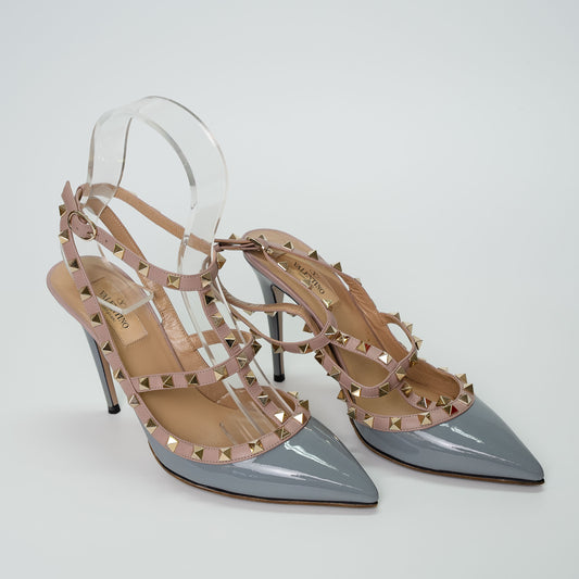 Valentino Garavani Rockstud Caged Pumps Gris & Poudre Patent Leather