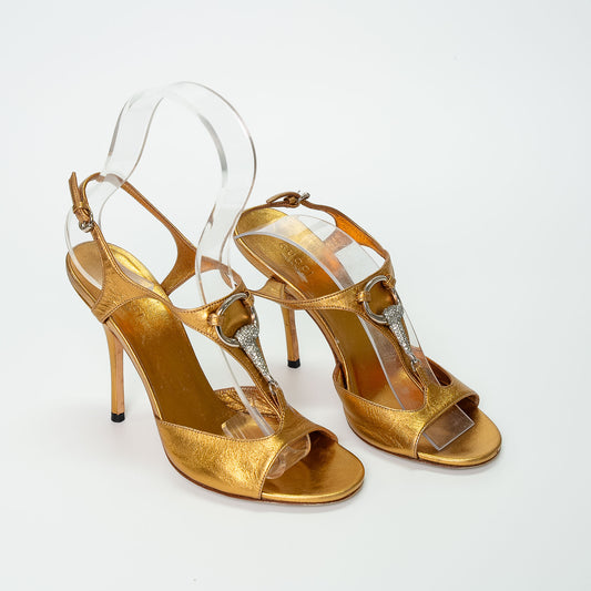 Gucci Gold Metallic Leather Sandals with Crystal GG Detail
