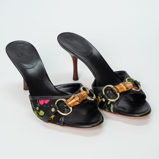 Gucci Bamboo Embroidered Leather Heeled Mules