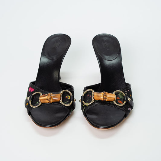 Gucci Bamboo Embroidered Leather Heeled Mules