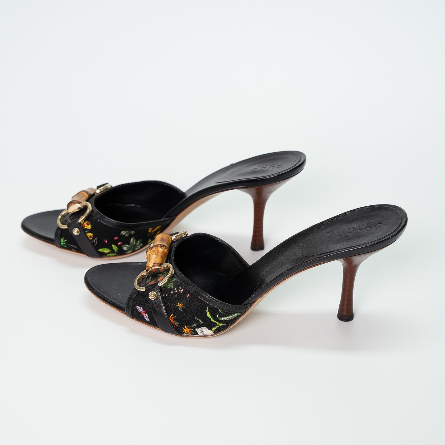 Gucci Bamboo Embroidered Leather Heeled Mules