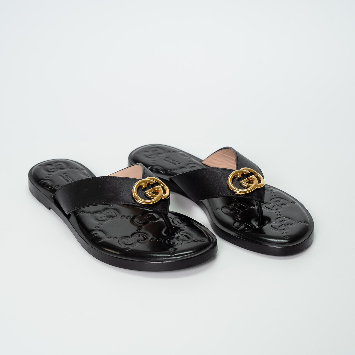 Gucci GG Marmont Black Leather Thong Sandals