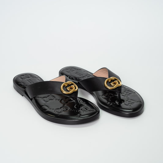 Gucci GG Marmont Black Leather Thong Sandals