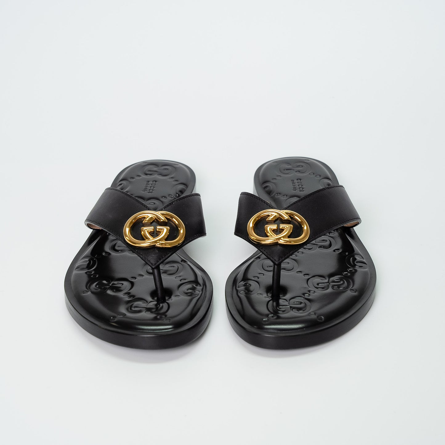 Gucci GG Marmont Black Leather Thong Sandals