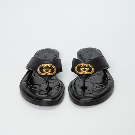 Gucci GG Marmont Black Leather Thong Sandals