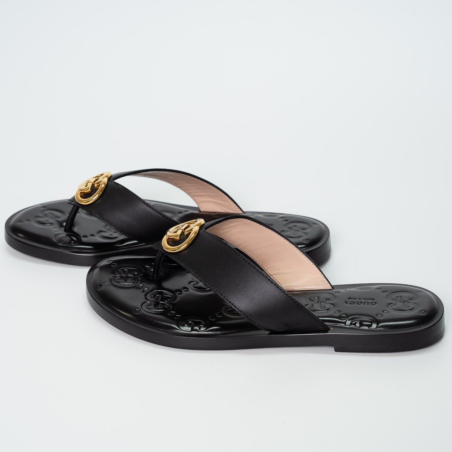 Gucci GG Marmont Black Leather Thong Sandals