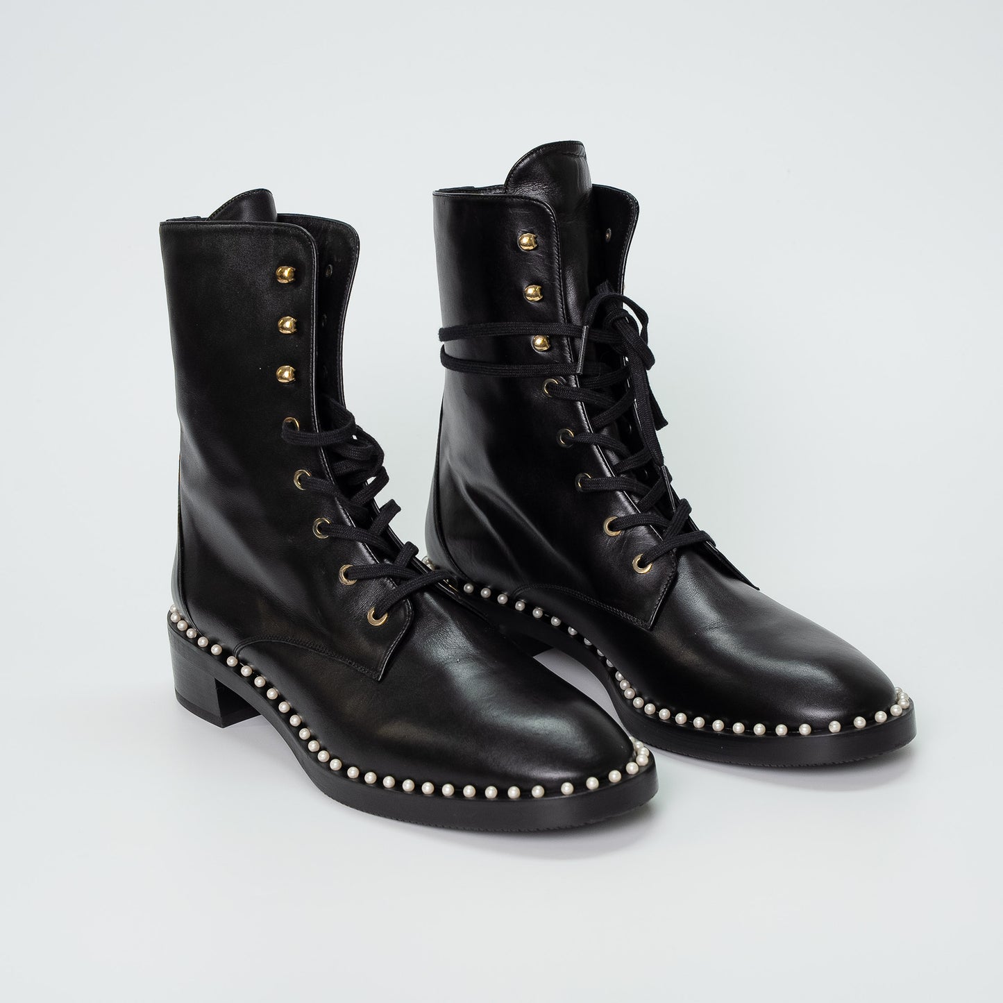 Stuart Weitzman Black Pearl-Studded Combat Boots