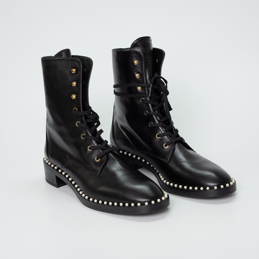 Stuart Weitzman Black Pearl-Studded Combat Boots