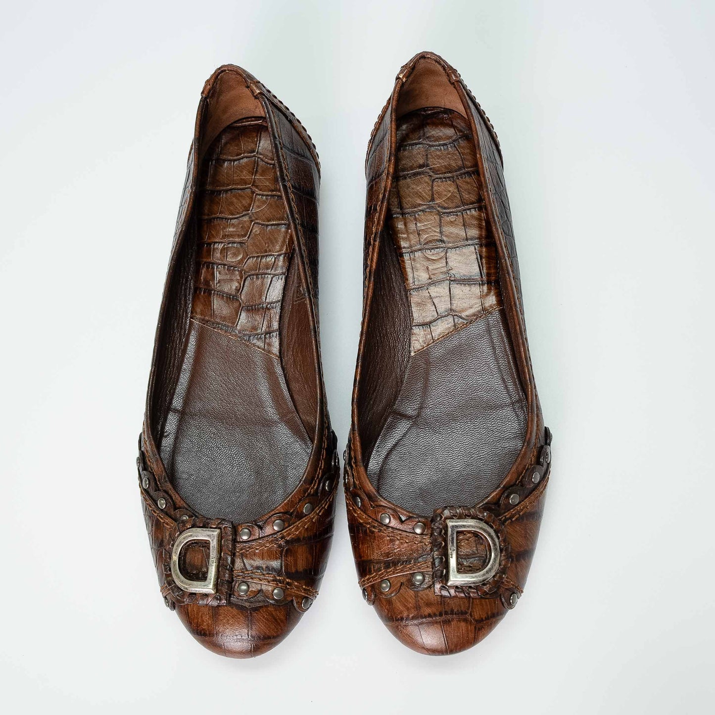 Dior Brown Croc-Embossed Leather Flats