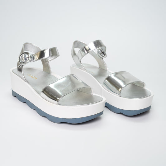 Prada Silver Metallic Leather Platform Sandals