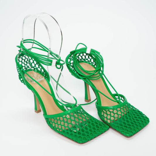 Bottega Veneta Green Mesh & Leather Ankle Strap Sandals