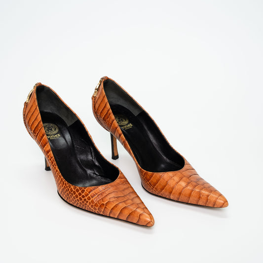 Versace Cognac Embossed Leather Court Shoes