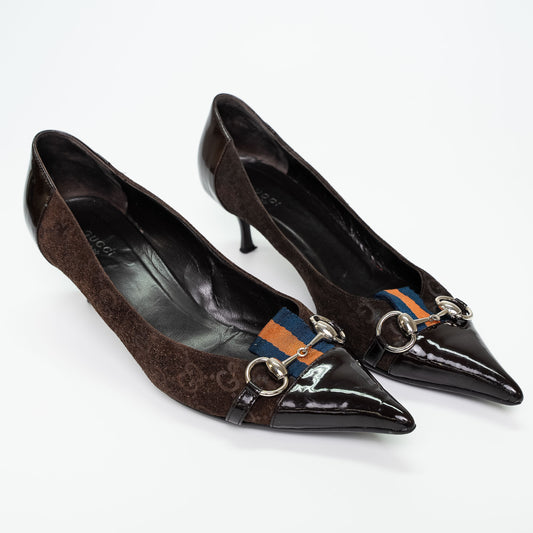 Gucci Brown Monogram Patent Trim Heels Shoes