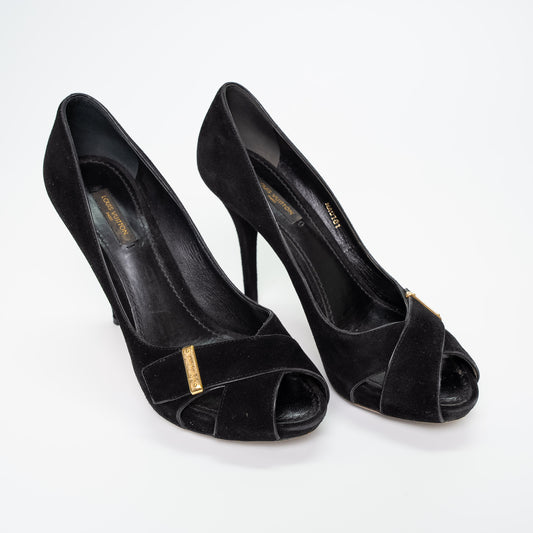 Louis Vuitton Black Suede Peep Toe Heels Shoes