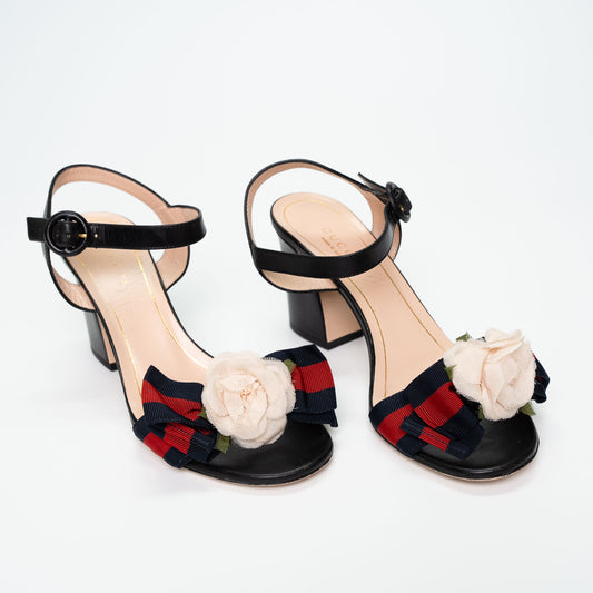 Gucci Web Bow Flower Leather Sandals