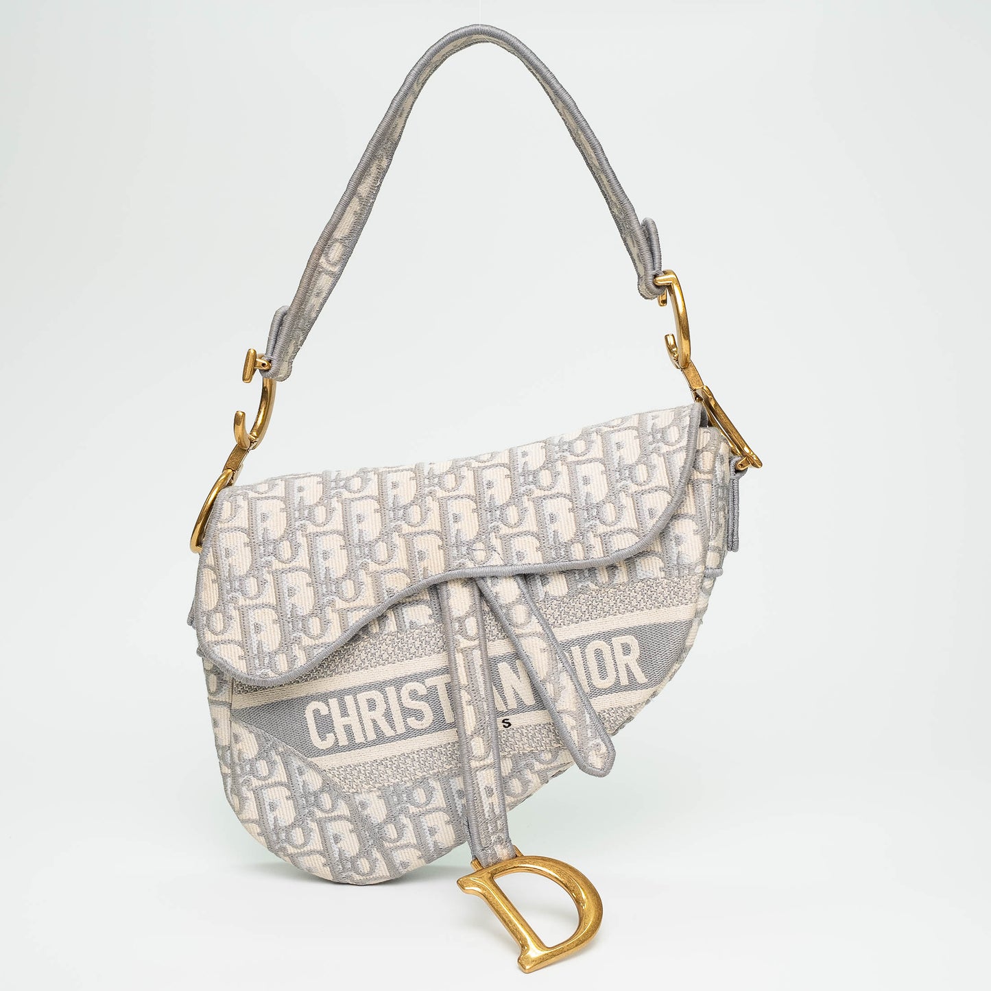 Christian Dior White & Grey Oblique Canvas Saddle Handbag