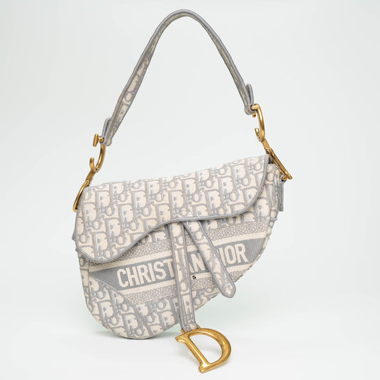 Christian Dior White & Grey Oblique Canvas Saddle Handbag